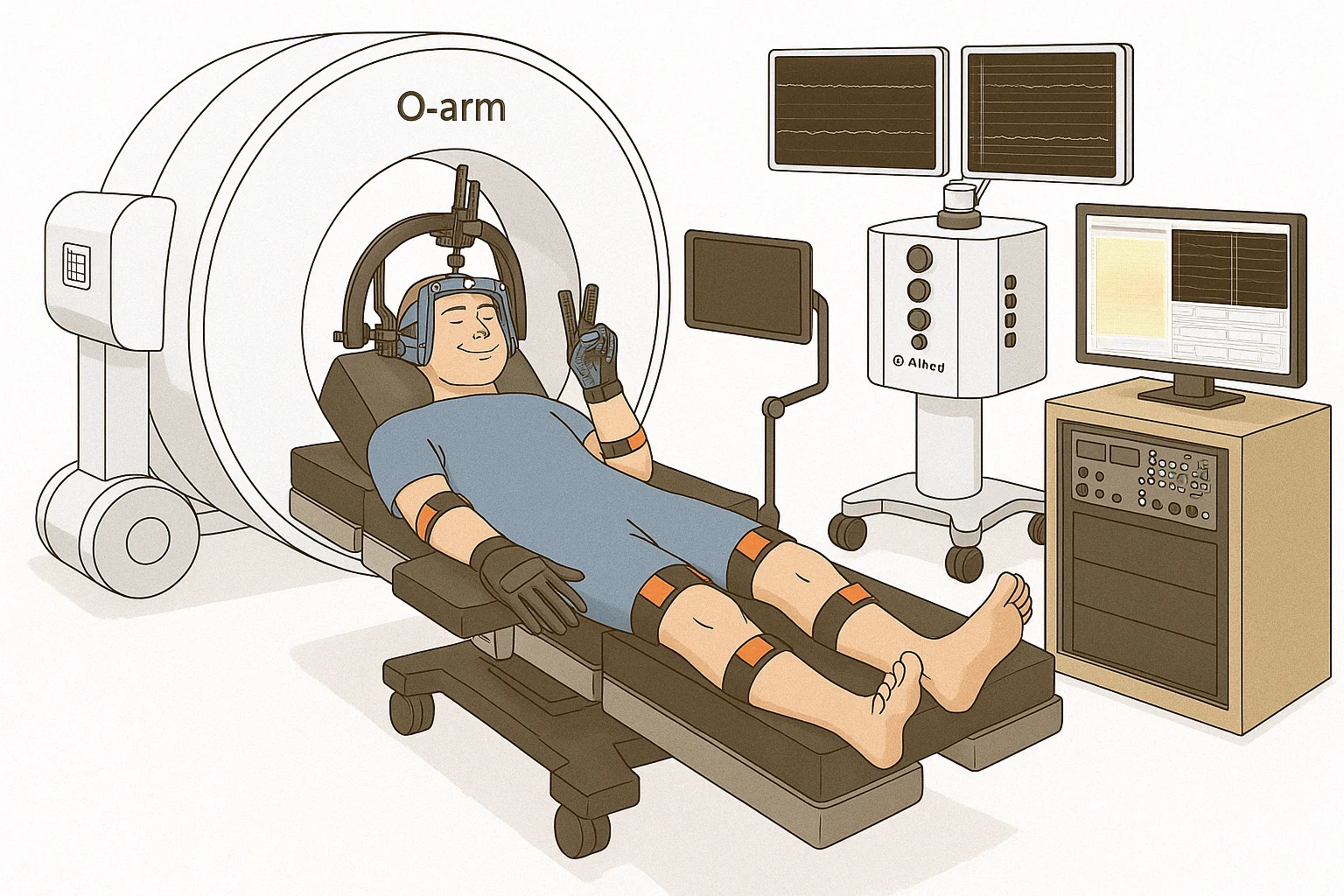 Awake intraoperative recording setup — high-density cortical electrode array with motion-capture gloves